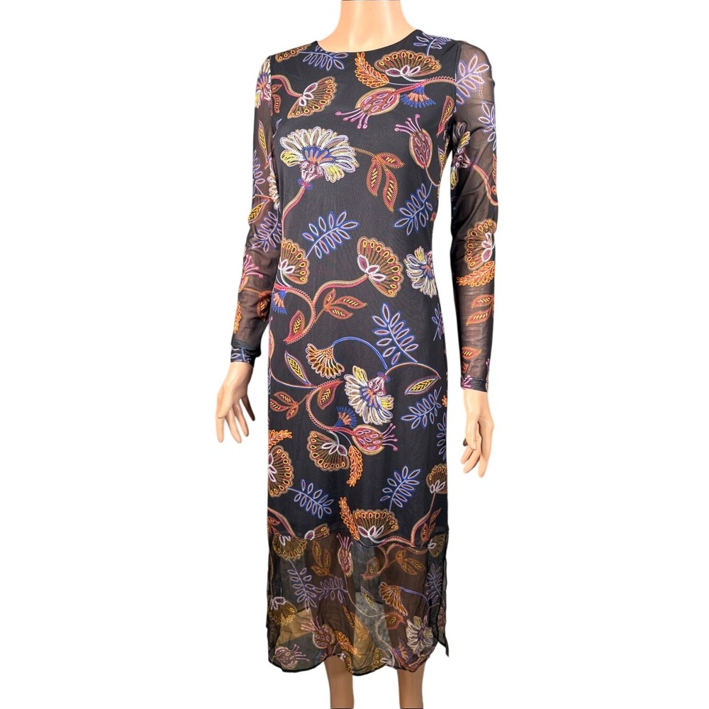 Jade Johnny Was Tulus Mesh Midi Dress Ginnie Floral Print Long Sleeve NWT S